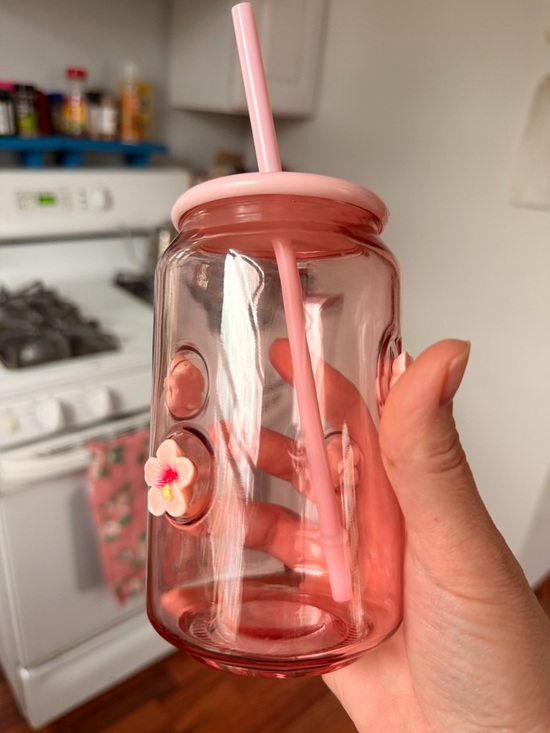 Pink Glass mason style tumbler with Lid and Straw - Picture 2 of 7